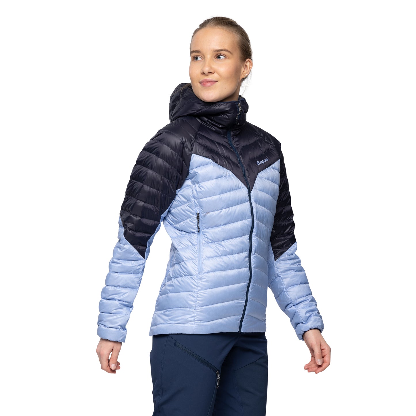 Bergans Tind Light Down Jacket Hood Women Blueberry Milk/Navy Blue