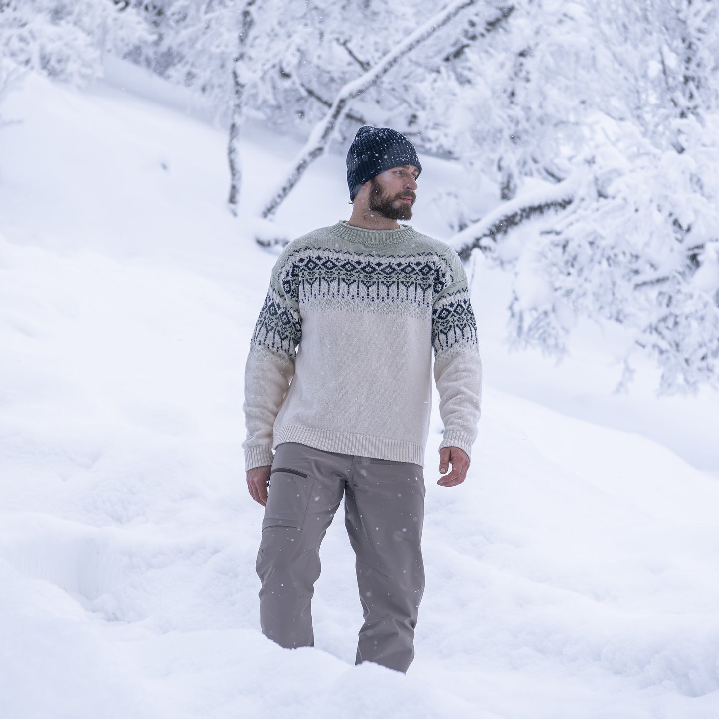 Bergans Steiro Knitted Wool Jumper Creme / Green Mud
